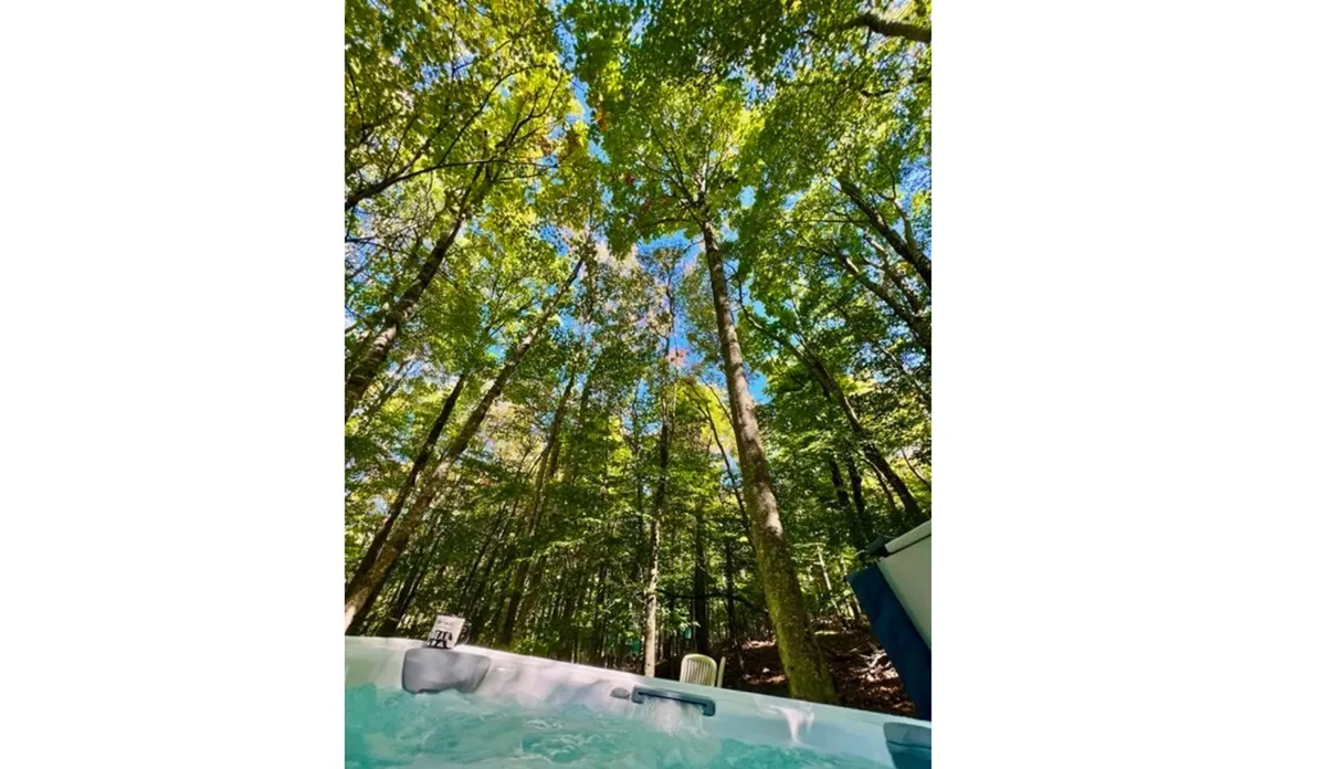 A peaceful view of a hot tub set beneath a canopy of trees, with a blue sky peeking through. The outdoor space feels both private and immersed in nature, inviting guests to soak and reflect on their mountain adventures.